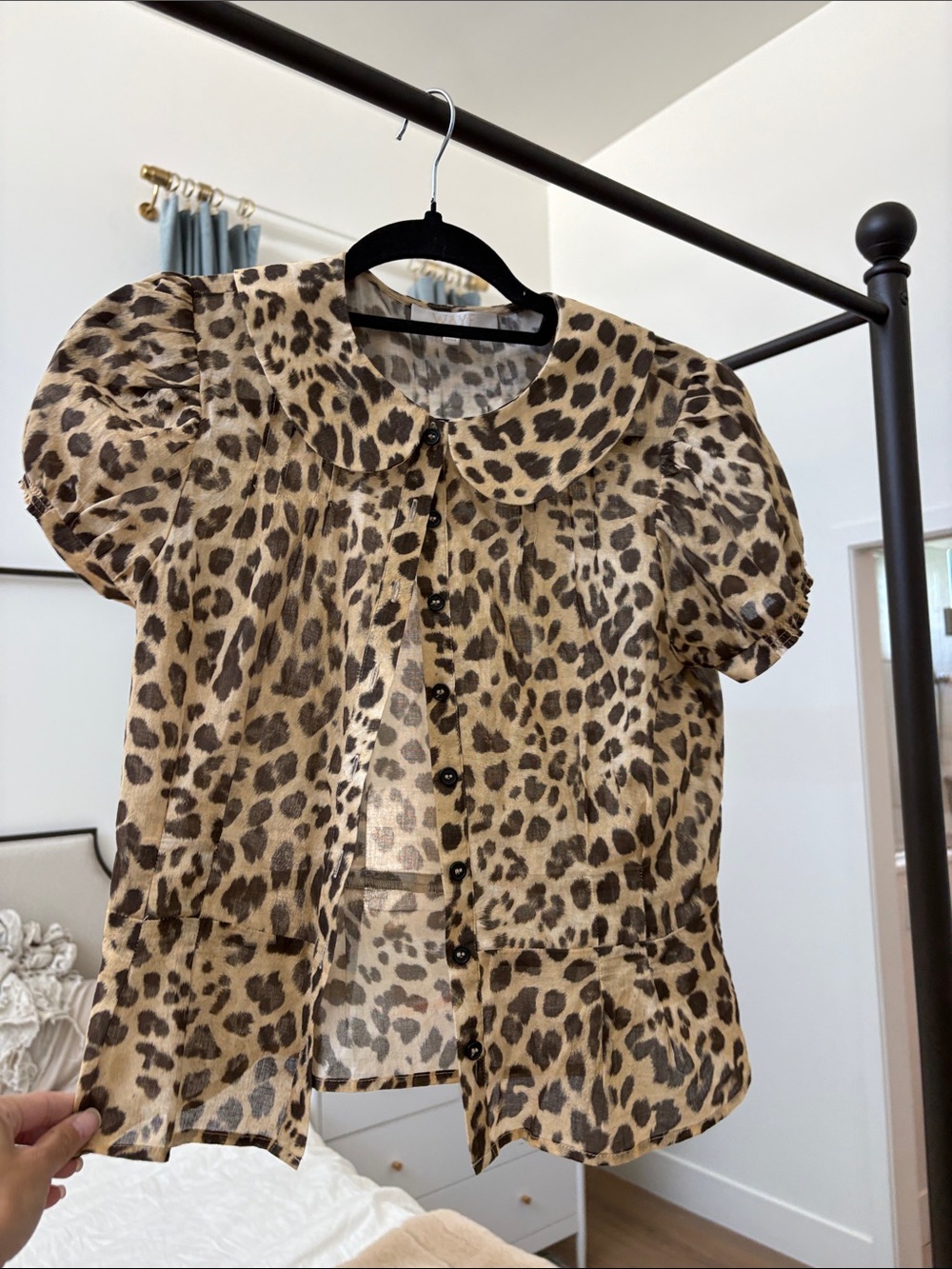 Wayf Leopard Print Puff Sleeve Button-Up Top in Brown and Black